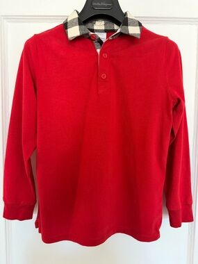 Hanna Andersson Red Long-Sleeve Polo with Black & White Plaid Collar